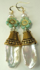 Cultured Pearl  Czech Flower Earrings Handmade Jewelry Wedding
