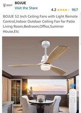 BOJUE 52" Ceiling Fan DY-1620-1L 3 Wood Blades LED 3 Light Mode REMOTE CONTROL