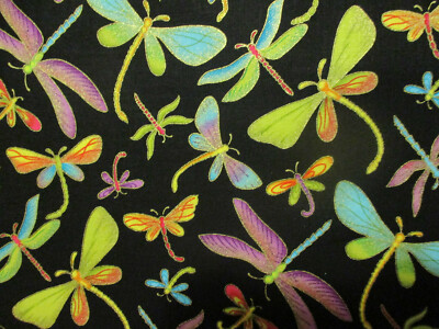 Dragonfly Dragon Fly Grns Blue Purple Metallic Gold Thread Cotton Fabric FQ 