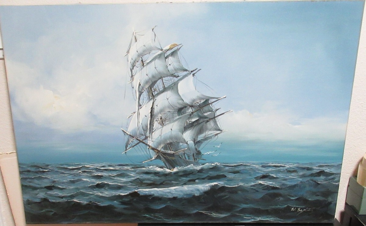 W.SOPIA CLIPPER SHIP AND BIRDS HUGE OIL ON CANVAS SEASCAPE