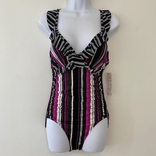 Anne Cole Sketchbook Flounce Swimsuit Size 10 One Piece Underwire Pink Black