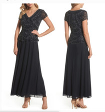 Pissaro Nights Beaded V-Neck Mock Two-Piece Gown Dark Navy Size 6 Msrp 218