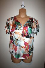 Womens DANIEL RAINN Cap Sleeve Tropical Print Silky Top Drawstring Sleeve Small 