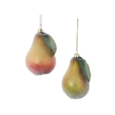 KURT ADLER SET OF 2 FROSTED GLASS PEAR HOLIDAY FRUIT CHRISTMAS ORNAMENTS C6397