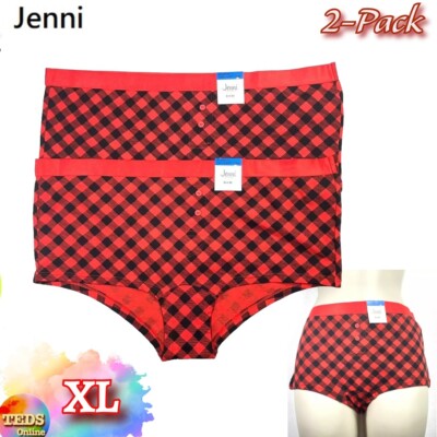 NWT 2-Pack Jenni XL Cotton Satin Trim Boyshorts Panties Underwear Red Plaid
