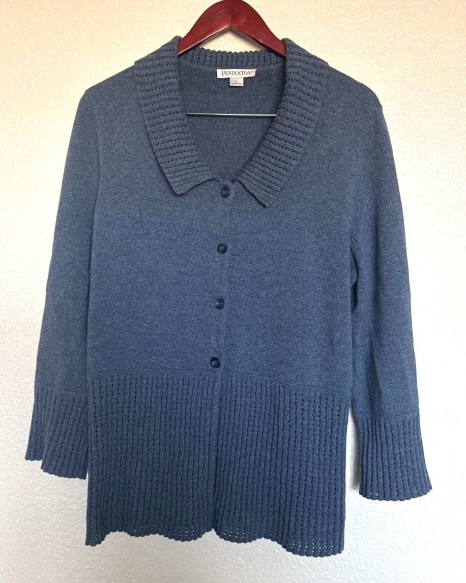 Woman’s Pendleton Large Knit Collared spring Blue… - image 1