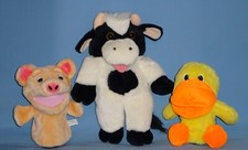 Plush Hand Puppet-Cow Full Body 15"-Pink Pig 9"-Quacking Duck 10"Farm Animal LOT