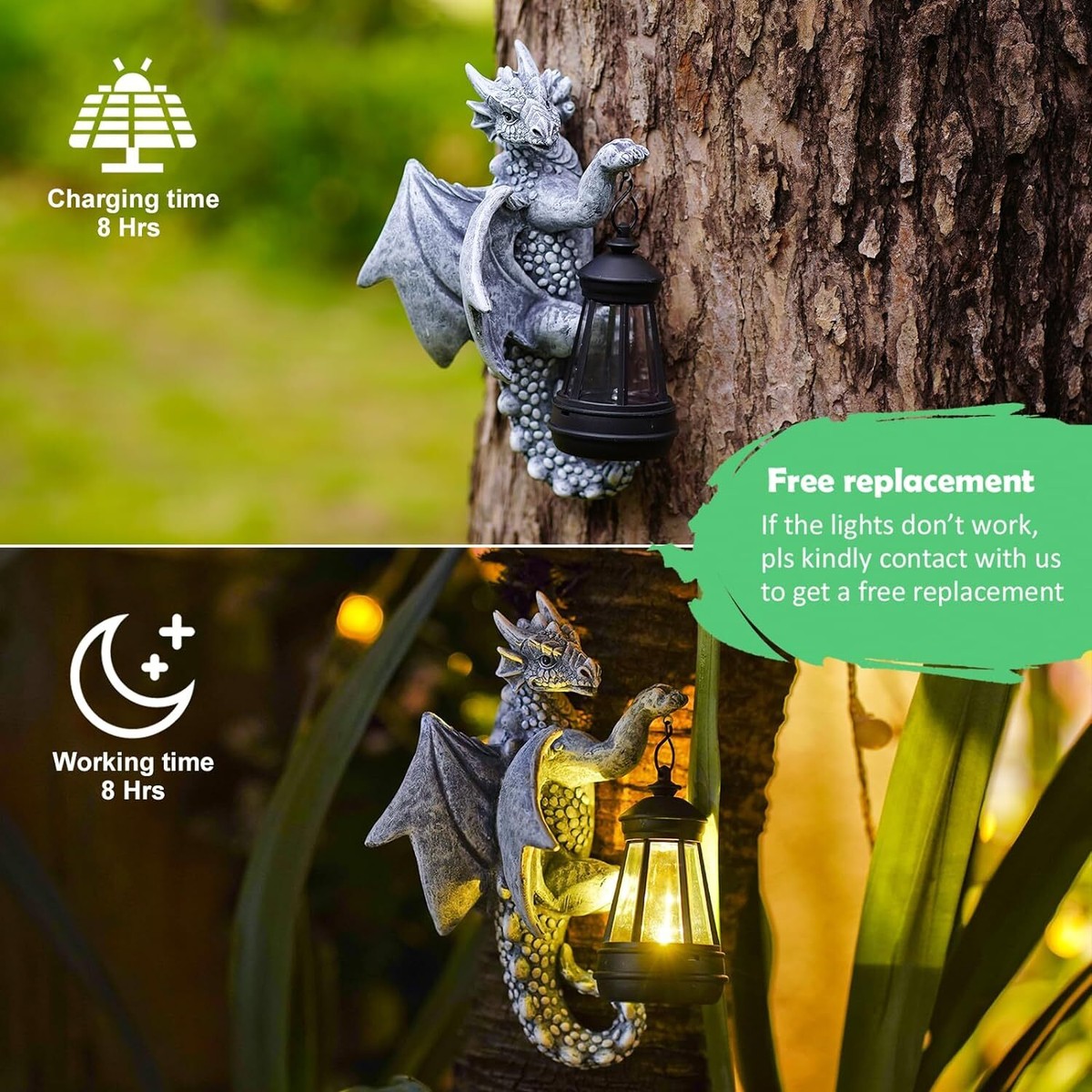 Dragon Tree Hugger with Solar Lantern - 9.3 Inch Resin Statue for
