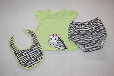 Baby Girls 3 PC OUTFIT SET Shirt Bib Bloomers ZEBRA Black White Lime 6-9 MO