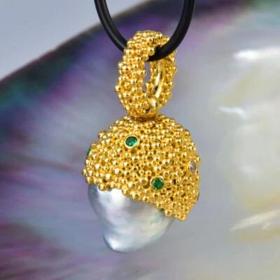 Gigantische South Sea Pearl Pendant Gold Vermeil Sterling, Diamant Und Smaragd - Bild 1 von 4