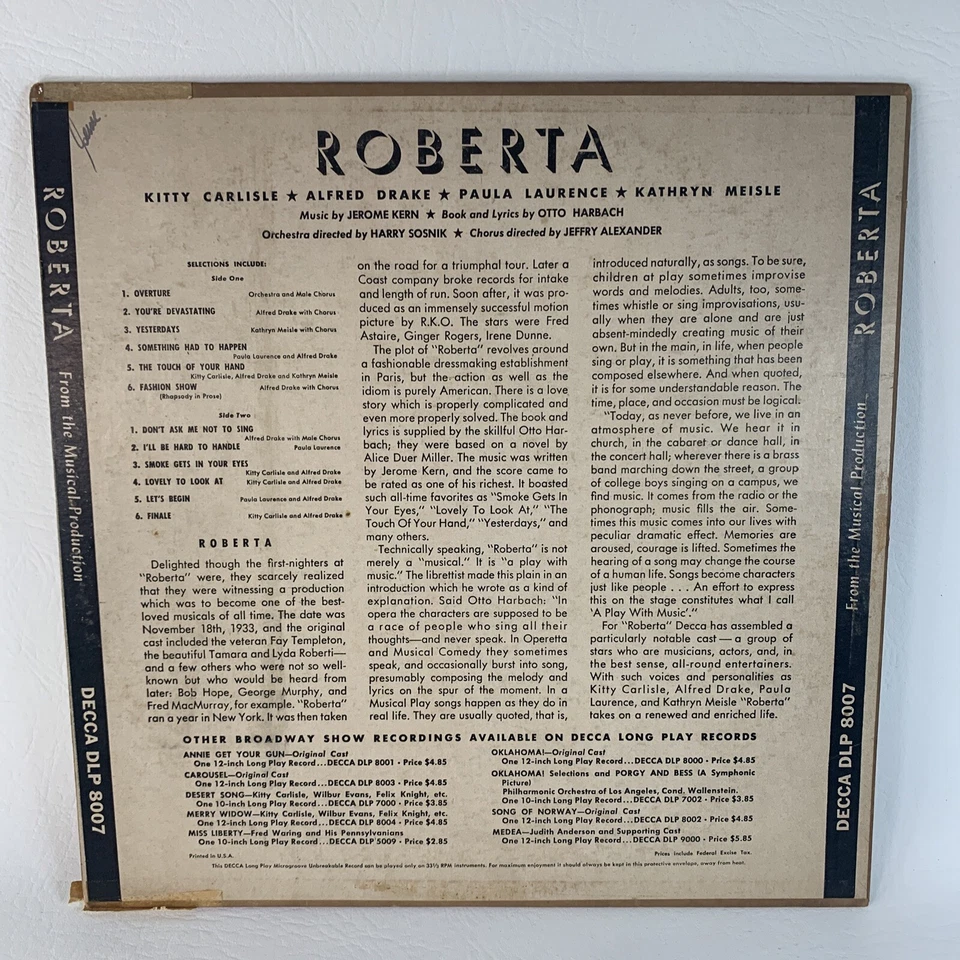 ROBERTA by JEROME KERN Vinyl LP DL 8007 Mono Decca 1949 Record - Imagem 3 de 4