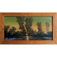 Vintage Post Impressionist Landscape of Sunset on Marsh, Signed