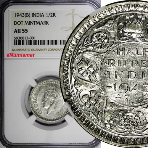 India-British George VI Silver 1943 (B) 1/2 Rupee DOT NGC AU55 KM# 552 (001)