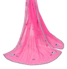 Sushila Vintage Pink Pure Chiffon Silk Dupatta Hand Beaded Floral Long Stole