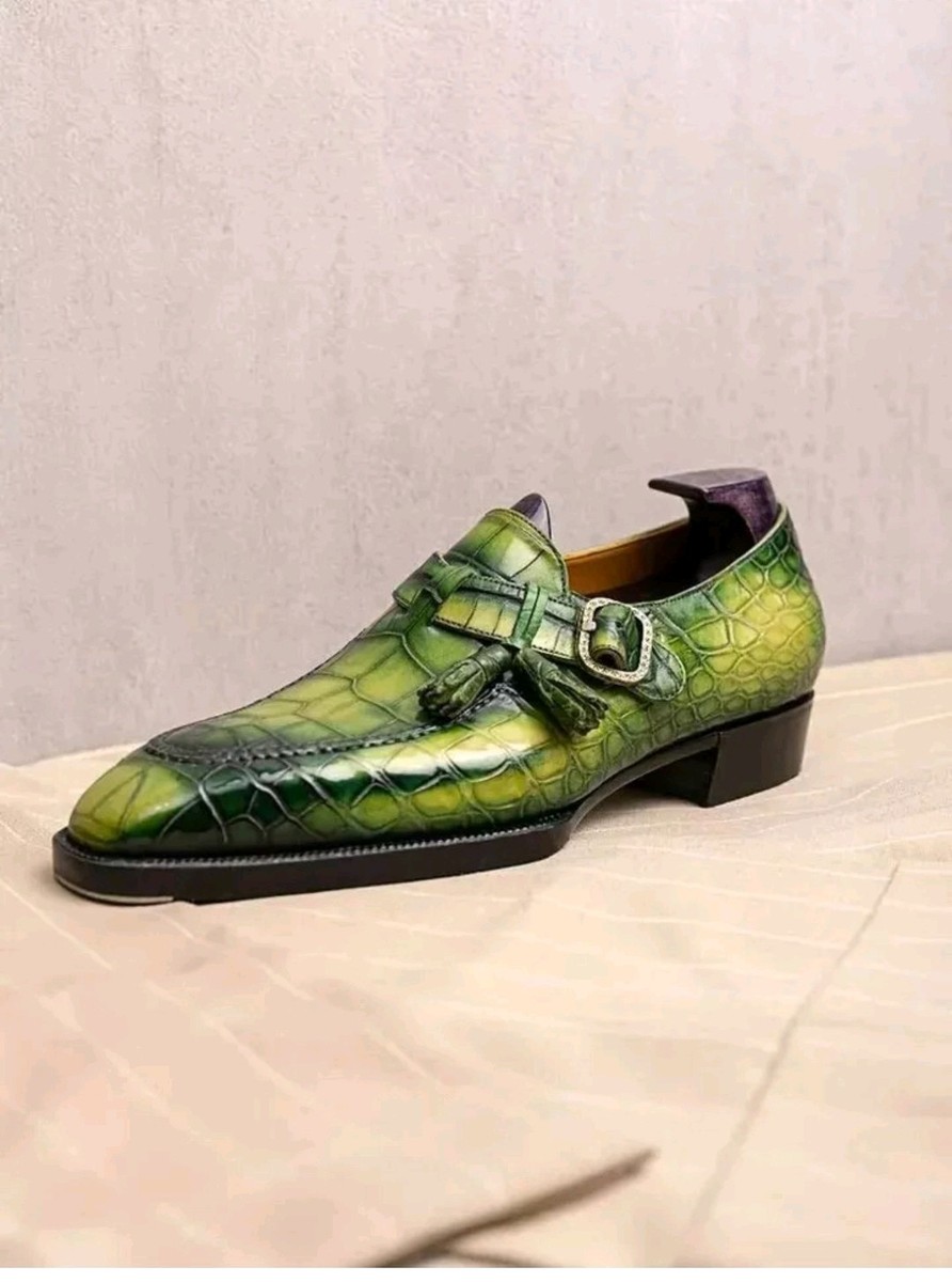 Crocodile Green Handmade shoes. For charity! Green Mens Monk Strap Croc Leather Shoe Handmade Mexican  main image 3