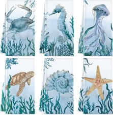 Boyiee Set of 6 Beach Kitchen Towels Sea Ocean Animal Nautical Tea Towels 24 X 1