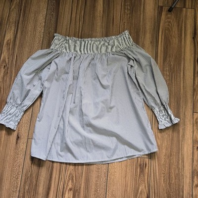 Active USA Womens Blue White Striped Off the Shoulder Smocked Blouse Large T2783