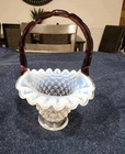 Fenton Opalescent Hobnail Basket with Purple Bamboo Handle White Vintage