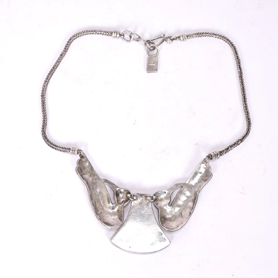 Vintage Enamel Shell Gem Stone Inlay Multicolor Birds Sterling Silver Necklace - Image 3 of 4