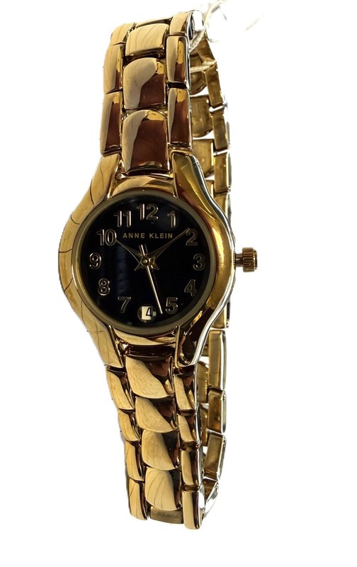 Anne Klein 10-6776G Women's Round Analog Gold Tone Date Black Dial Dress Watch