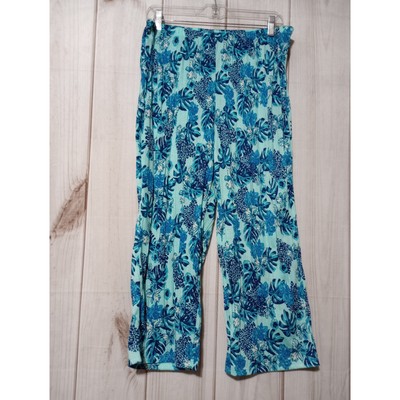 Jaclyn Smith Blue Tropical Floral Leopard Lounge Pants Crop Wide Leg Large