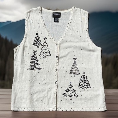 Designers Originals Studio Christmas Tree Vest Sz L Ivory Beaded Button Womens