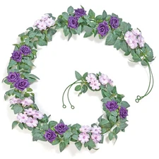 Artificial Flower Garland 2 Pack Fake Purple Roses Vines, Faux Silk Hanging F...