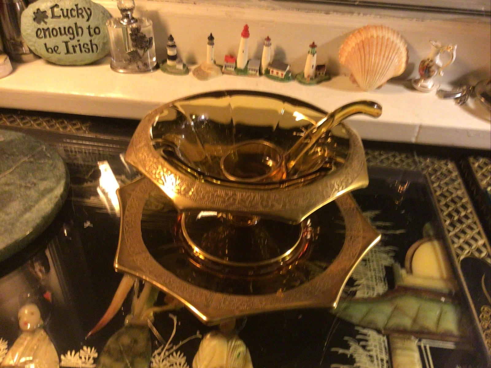 Vintage Octagonal Amber Sauce, Underplate And Ladle Rambling Rose Tiffins RARE