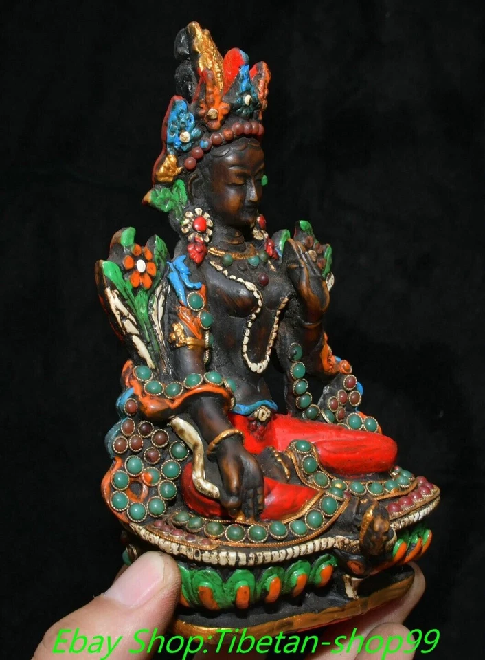 6'' Tibet Bone Inlaid Gems Dzi Bead Green Tara Mahayana Goddess Buddha Statue - Image 4 of 4