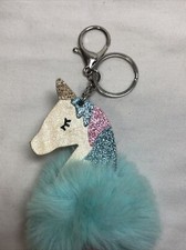 Unicorn Plush Poof Ball Keychain Bag Fob Accessory Teal Glitter Sparkles