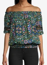 $285 NWT NICOLE MILLER COLLECTION SzXS FLORAL-PRINT OFF-SHOULDER SMOCKED TOP BLA