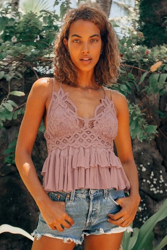 Free People Adella Cami Mauve Lace Ruffled Tank Top Smocked Endless Summer  New M | eBay