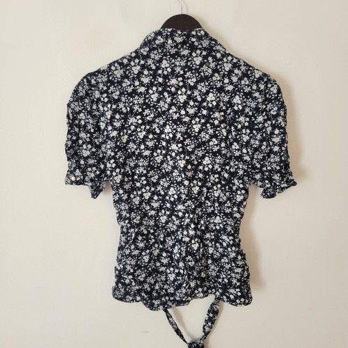 C&A Vintage Blouse Womens Shirt Tie Back Top Size 10 Blue White Floral Boho Work - Picture 5 of 7