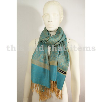 PASHMINA SCHAL TUCH PAREO STOLA KOPFTUCH CASHMERE DUNKEL CYAN GOLD ORANGE #S203