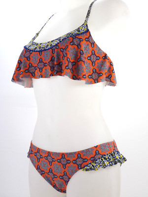 NERZROSA Bikini Badeanzug Rüschen Bandeau Top Criss Cross Träger Schal Print M