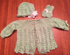 Vintage Baby Infant Handmade Crochet Sweater Bonnet 1 Bootie Green