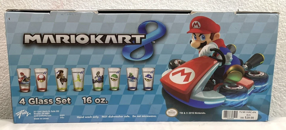New Super Mario Brothers Mario Kart 8 Set of 4 Glasses Hard to Find Rare - Image 4 of 4