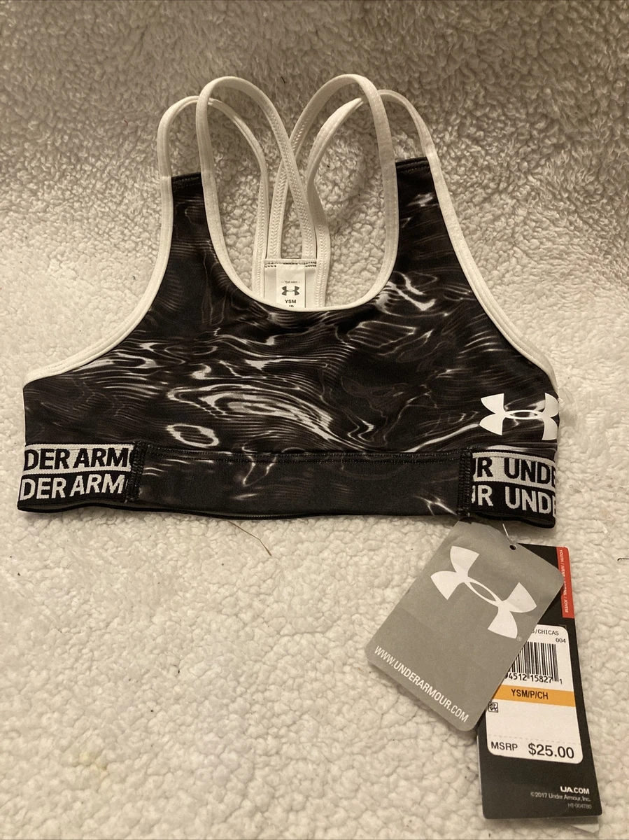 UNDER ARMOUR GIRLS HEATGEAR ARMOUR SPORTS BRA,BLACK/WHITE,YOUTH SMALL,NEW