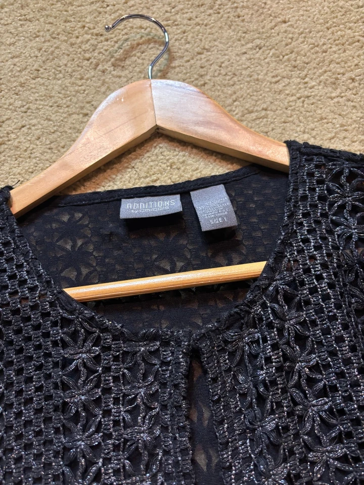 Chaqueta Cárdigan Chico's Negro Tejido Abierto Plateado Transparente Metálico Crochet 1, M 8 Foto 4 de 4