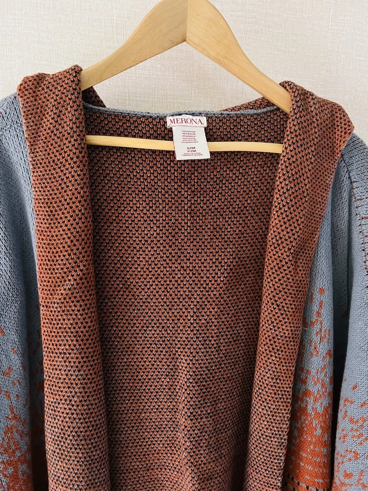 Cárdigan Merona Marrón Gris Y Negro Peso Pesado Tejido Frontal Abierto Cortina Talla M Foto 3 de 4
