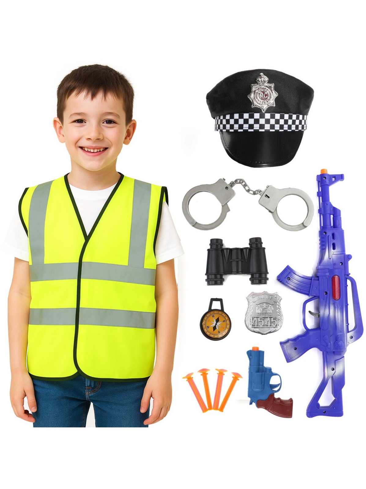Conjunto de disfraces de policía para niños Chaleco de alta visibilidad Sombrero Juguete Accesorios Policía Insignia y accesorios