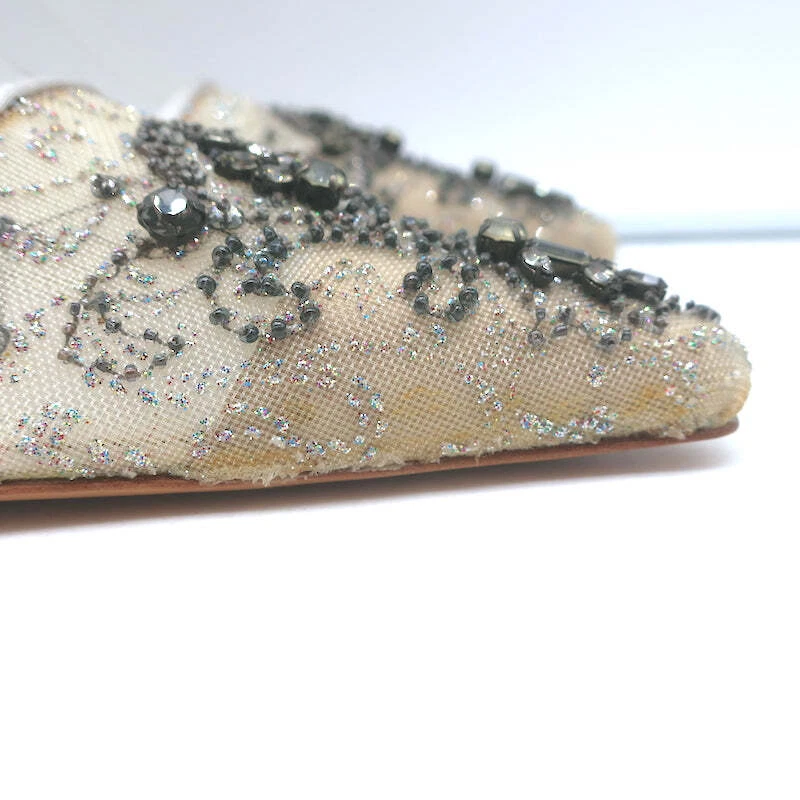 Badgley Mischka Embellished Mesh Slingback Pumps Light Gray Satin Size 38.5 NEW - Image 4 of 4