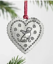New Plow & Hearth Solid Pewter Christmas Tree Heart Ornament Dog in Scarf  NIP