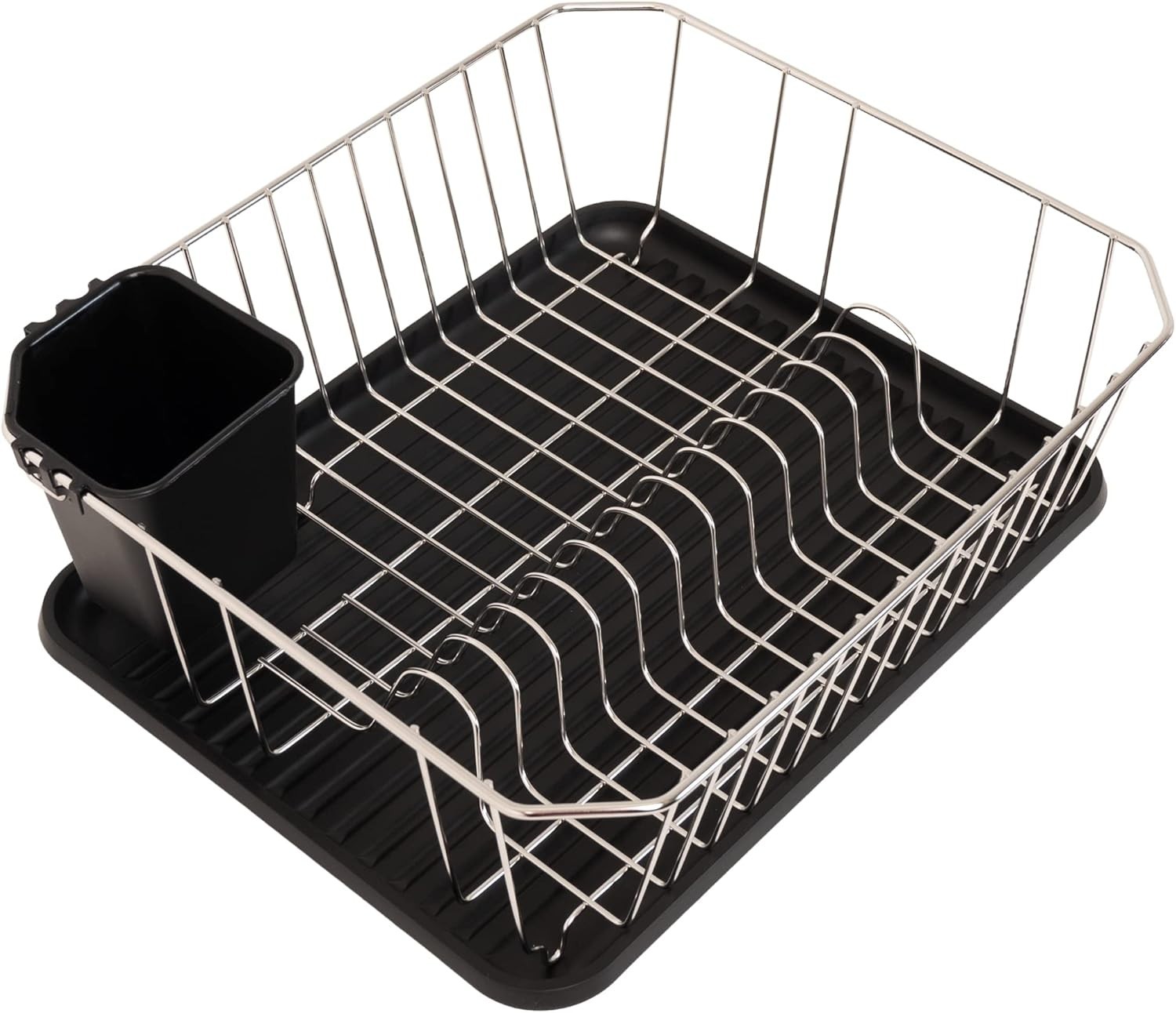 FurnitureXtra Stainless Steel Dish Drainer Plastic Drip Tray Cutlery Black New