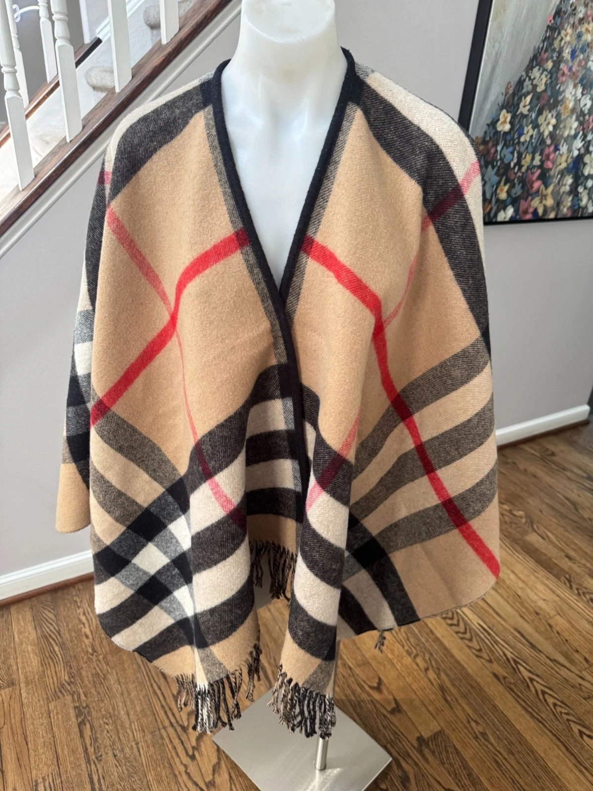 Burberry — BURBERRY Nova Check Black Reversible Fringe Wool Cashmere Cape Poncho