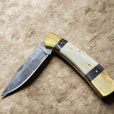 Handmade Damascus Steel Knife Forged Pocket Blade Men's Gift Lockback w/ Sheath