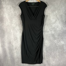 Lauren Ralph Lauren Midi Dress Women 12 Black V-Neck Sleeveless Stretch Evening