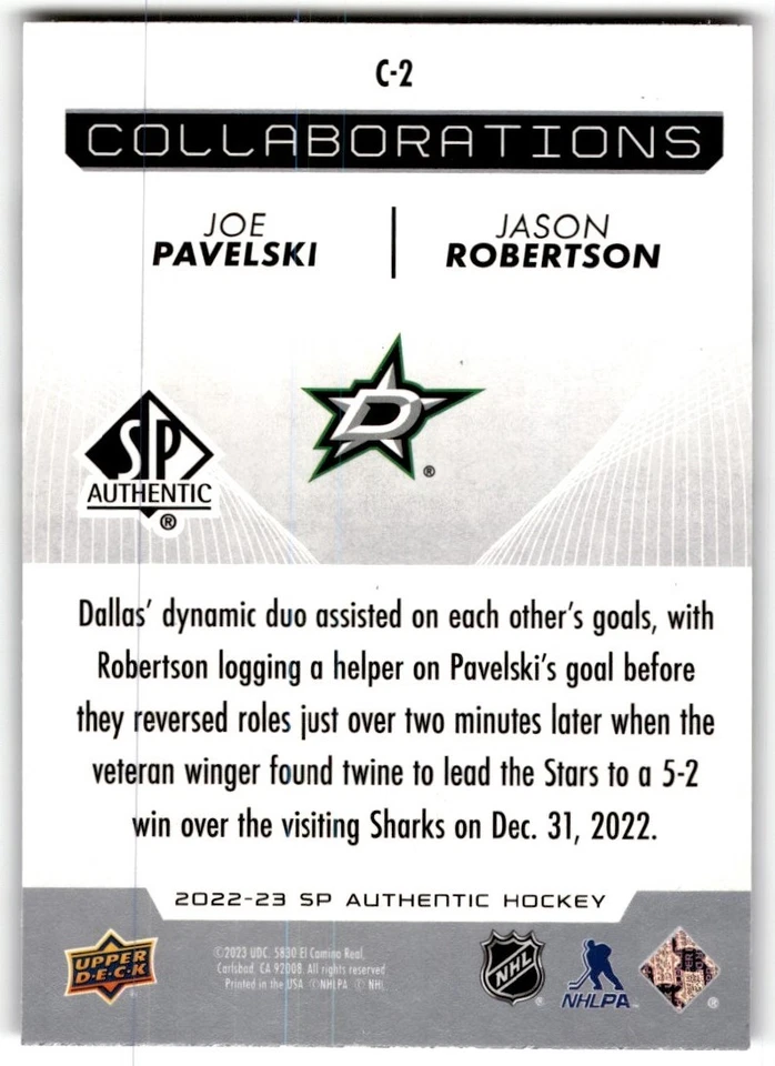 Joe Pavelski/Jason Robertson 2022-23 SP Authentic Collaborations #C-2 - Image 2 of 2