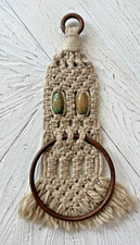 Vintage Retro MCM Beige Macrame Wall Hanging Hand Towel Ring Holder Wooden Beads