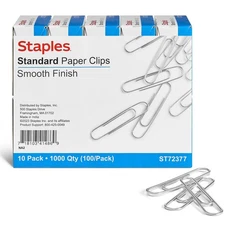Staples Smooth Paper Clips Silver 100/Box 10 Boxes/Pack (A7026607/72377)
